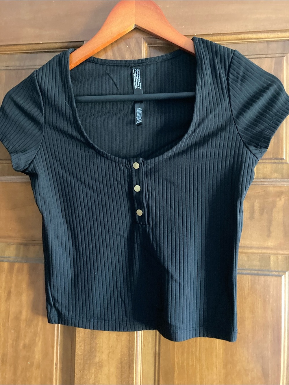 PINK Victoria's Secret Black Ribbed Scoop Crop Top with Button Detail